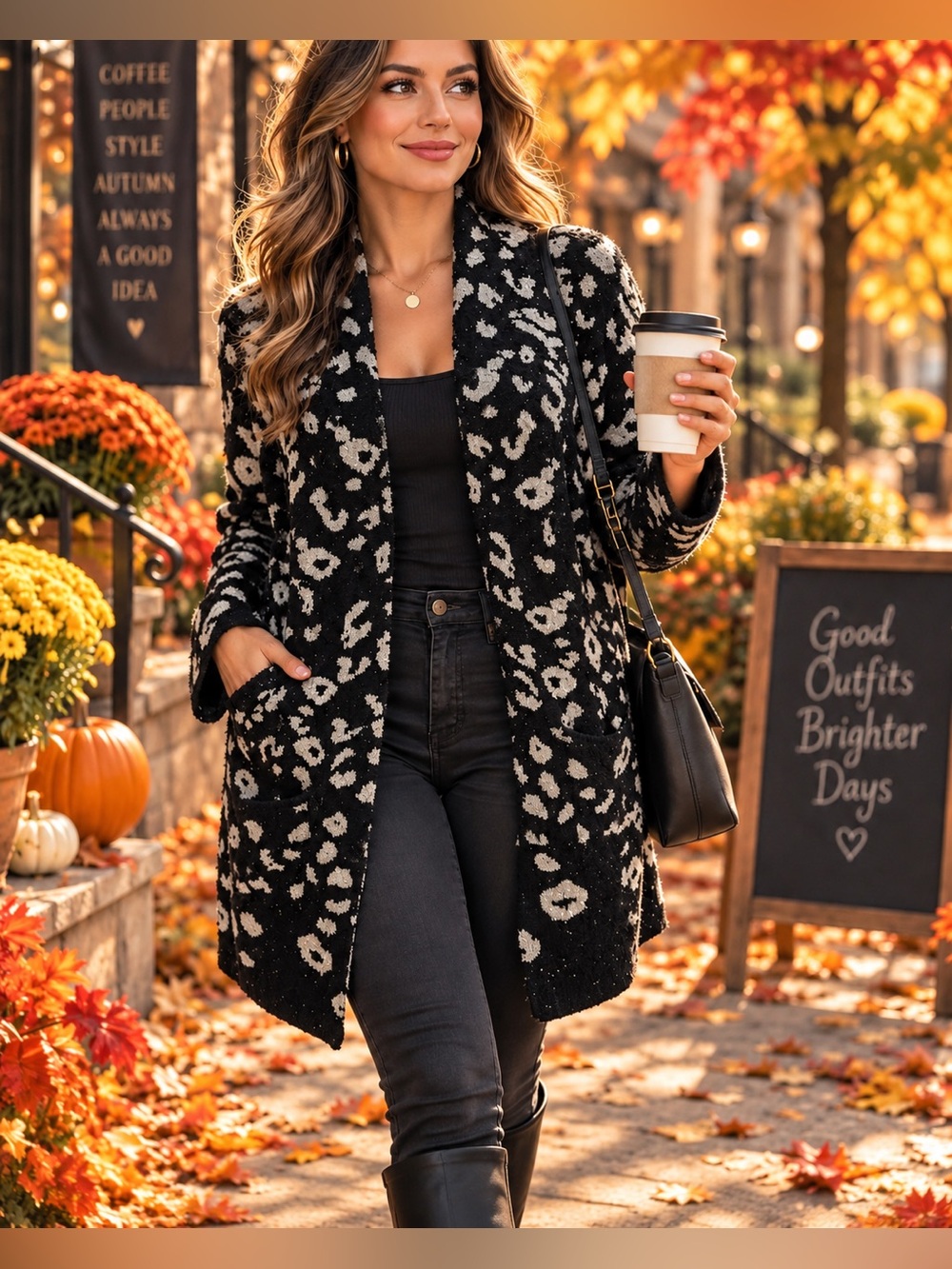Sabrina Lauren Black & Cream Leopard Knit Coat Size XL